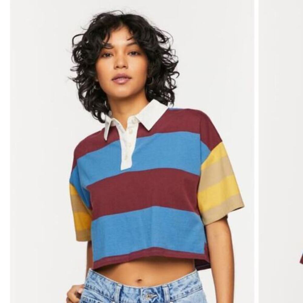 Forever21 Striped Drop-Sleeve Cropped Polo Shirt Size M